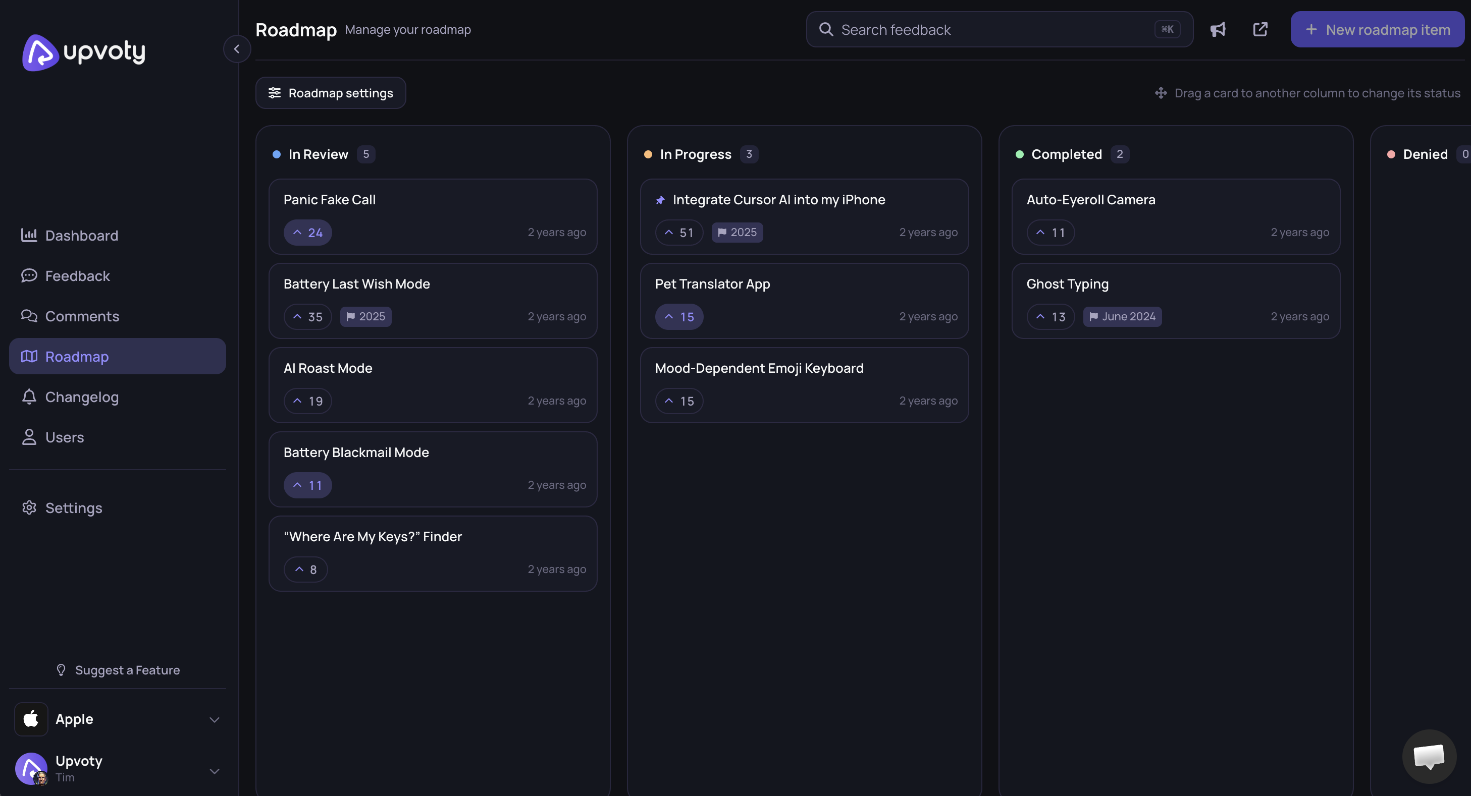 Dashboard for creating a public product roadmap