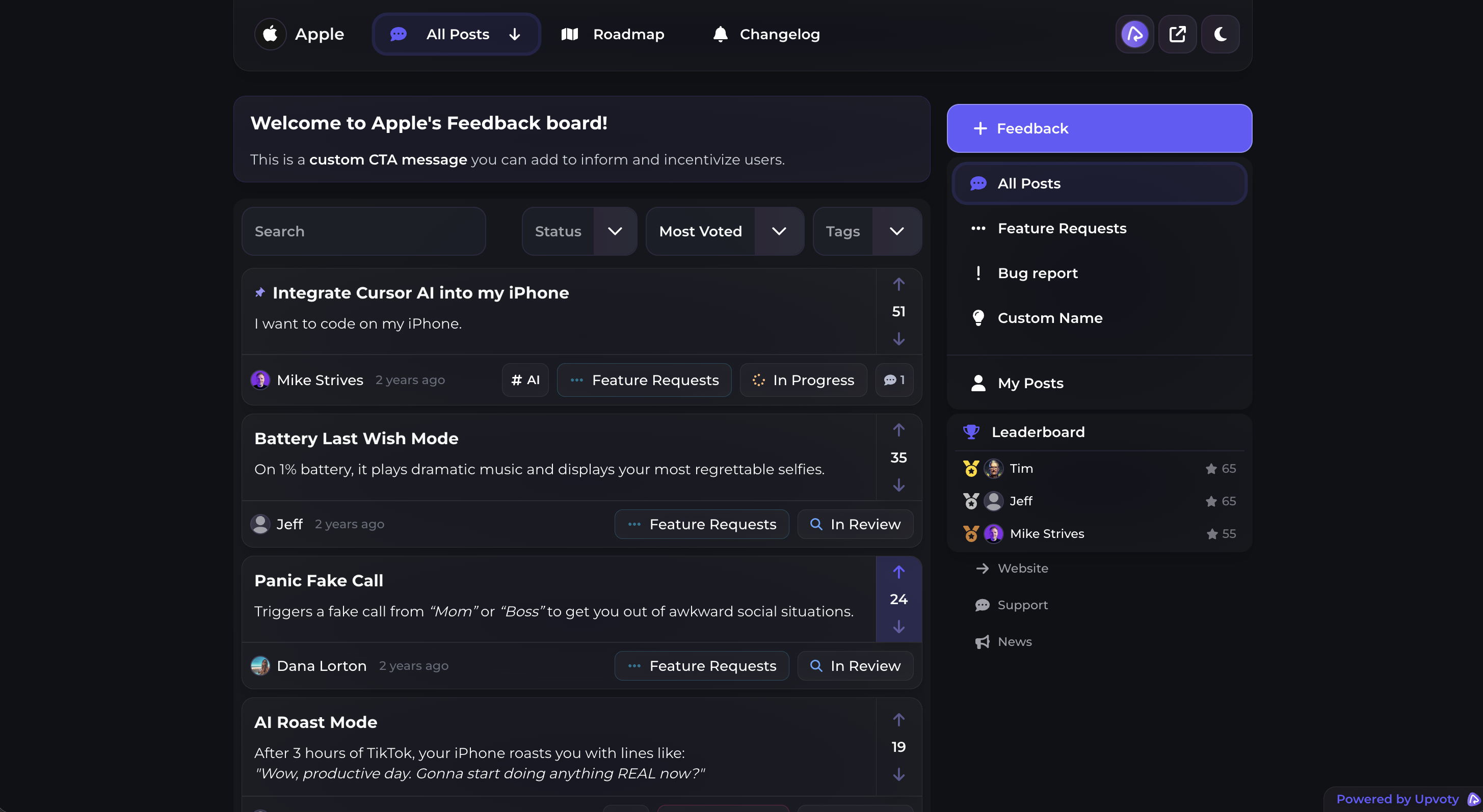 Public voting boards for feedback and feature requests